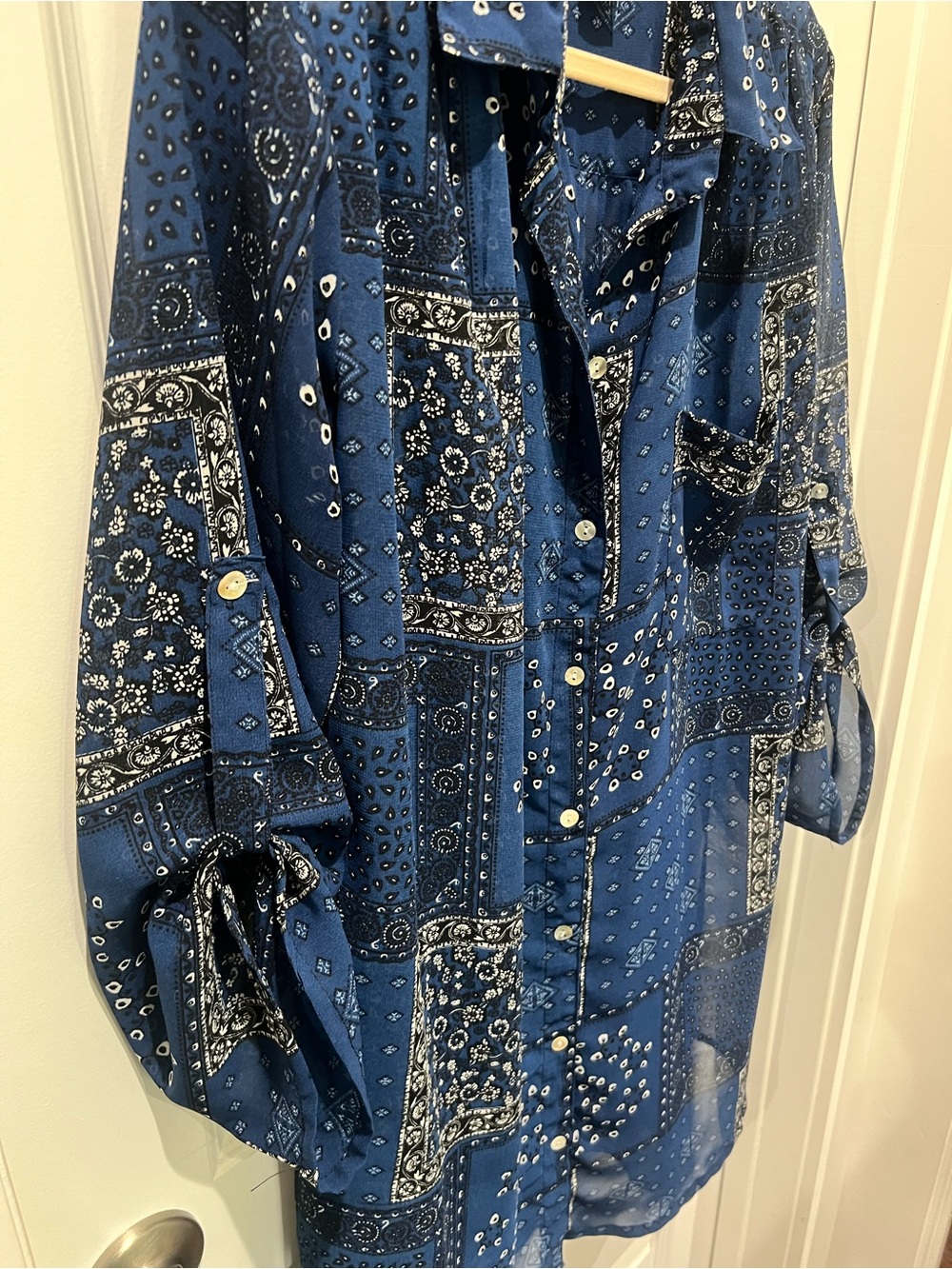 Blue Patterned Sheer Button-Up Tunic - Picture 4 of 4